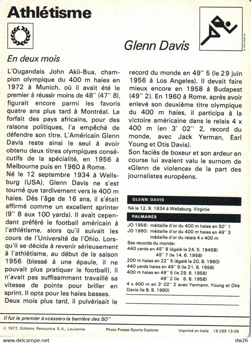 Fiche Sports: Athlétisme - 400 M Haies: Glenn Davis, Champion Olympique 1952 Et 1960, Recordman Du Monde - Sport