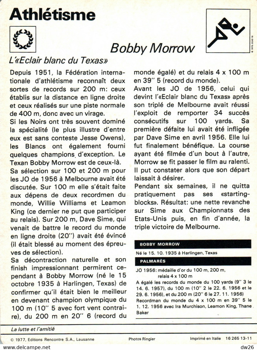 Fiche Sports: Athlétisme - Sprint: Bobby Morrow, Champion Olympique 1956 Sur 100 Et 200 M, Recordman Du Monde - Deportes