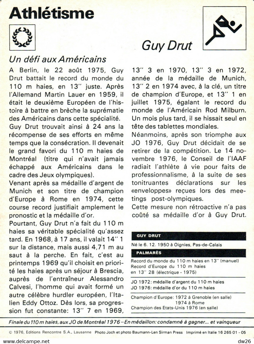 Fiche Sports: Athlétisme - 110 M Haies: Guy Drut, Champion Olympique 1976, Recordman Du Monde - Sport