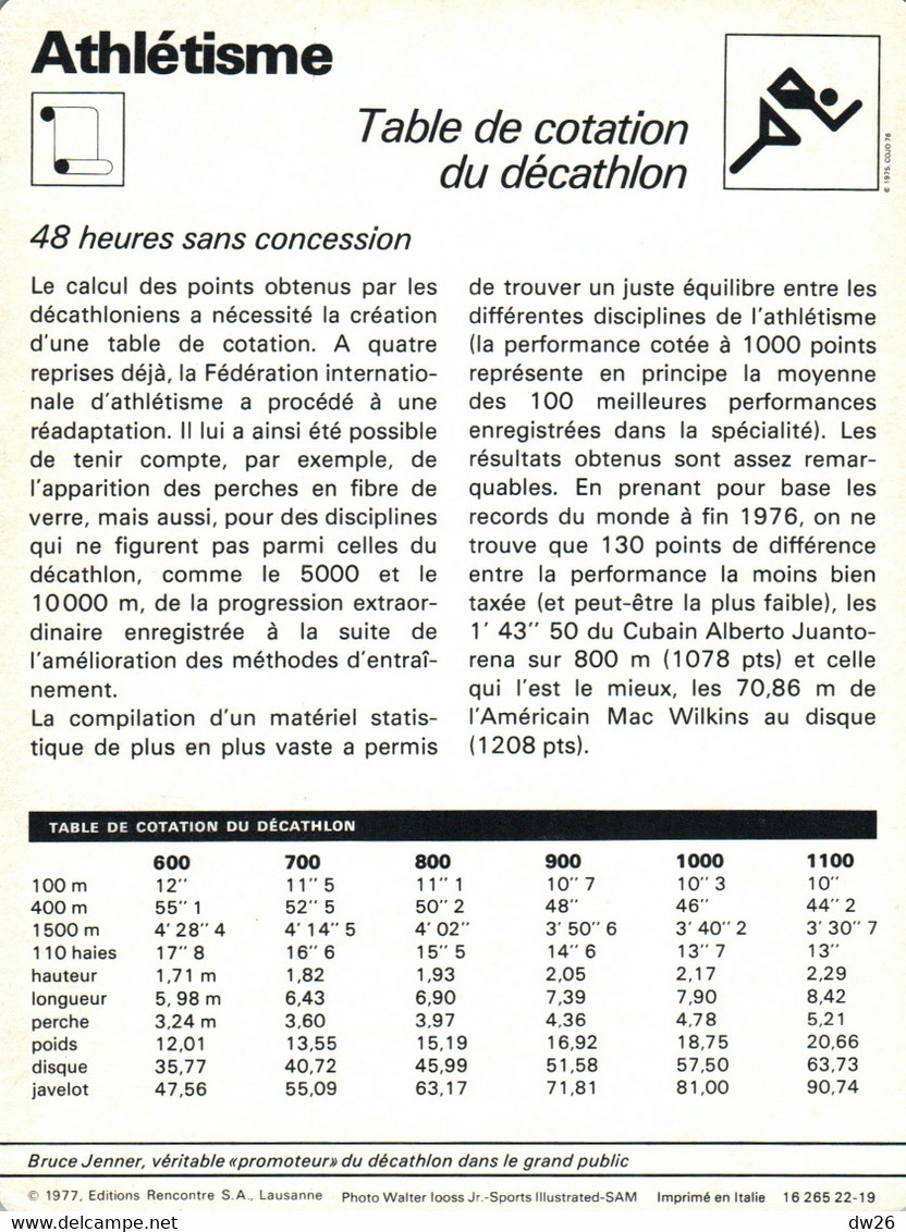 Fiche Sports: Athlétisme - Décathlon: La Table De Cotation Des 10 épreuves - Bruce Jenner En 1976 - Sport