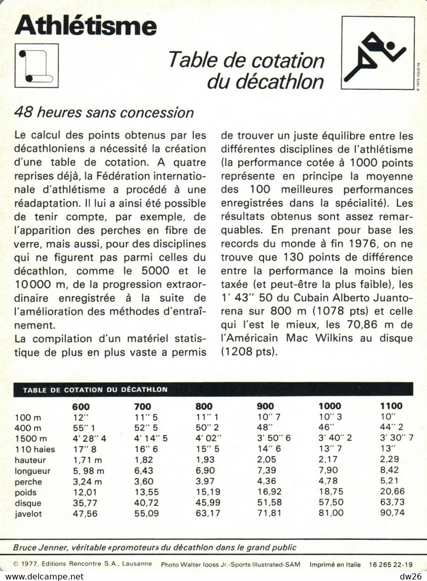 Fiche Sports: Athlétisme - Décathlon: La Table De Cotation Des 10 épreuves - Bruce Jenner En 1976 - Sports