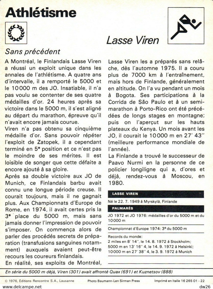 Fiche Sports: Athlétisme - Course Demi-fond: Lasse Viren, Champion Olympique 1972-1976 Et Recordman Du Monde 5000 M - Deportes