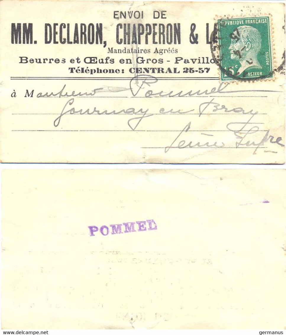 ETIQUETTE MM. DECLARON & LHEMMAND BEURRES Et ŒUFS En GROS PAVILLON N° 10 R. DES HALLES PARIS-117 TàD 4-25 - 1921-1960: Modern Period