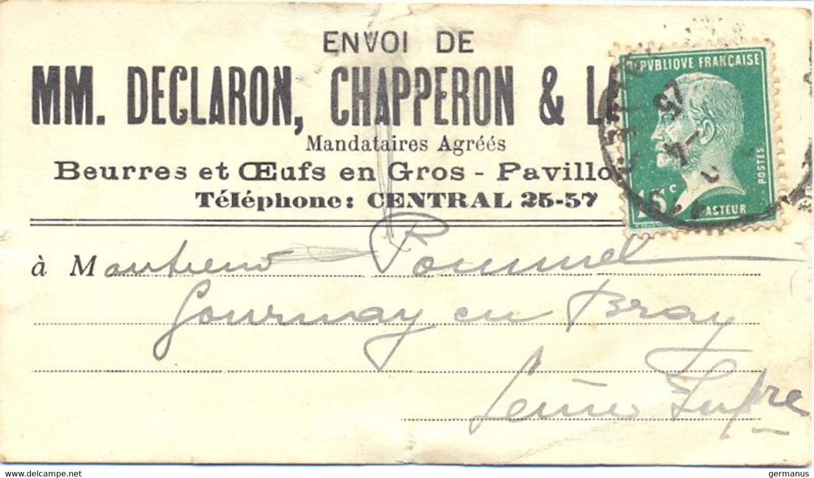 ETIQUETTE MM. DECLARON & LHEMMAND BEURRES Et ŒUFS En GROS PAVILLON N° 10 R. DES HALLES PARIS-117 TàD 4-25 - 1921-1960: Modern Period