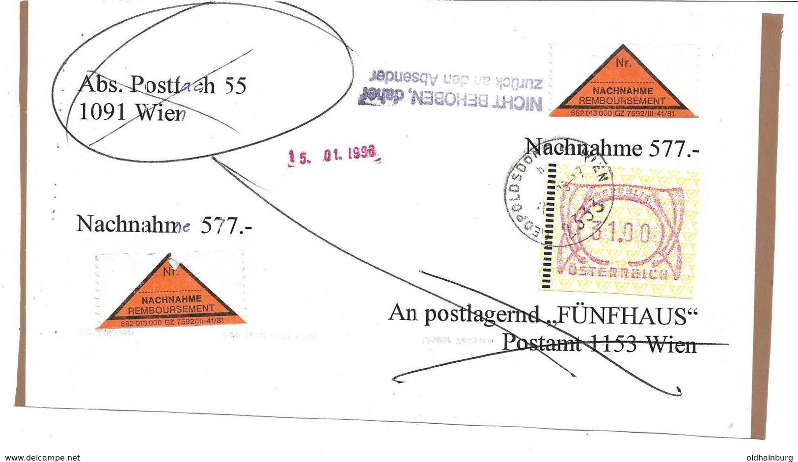 1581l: Heimatbeleg 2333 Leopoldsdorf 1995, Automatenmarken- Frankatur Nachnahme Portogerecht - Bruck An Der Leitha