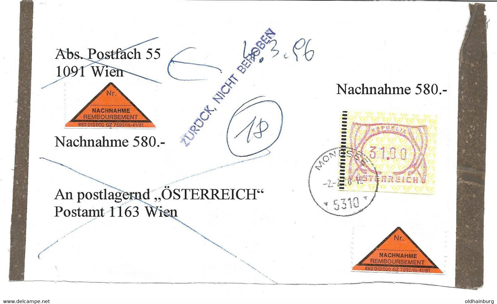 1581f: Heimatbeleg 5310 Mondsee, Automatenmarken- Frankatur Nachnahme Portogerecht - Vöcklabruck