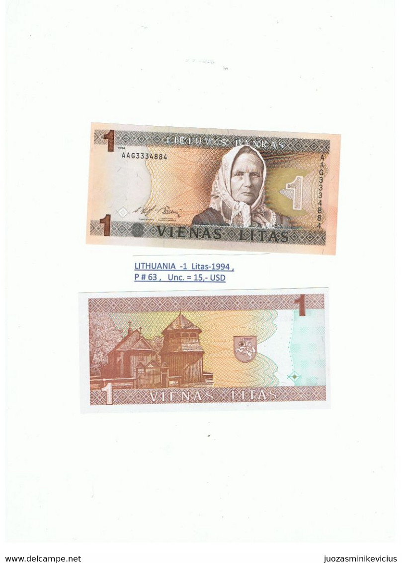 LITHUANIA -1  LITAS-1994 , P # 53 , UNCIRCULATED - Lituanie