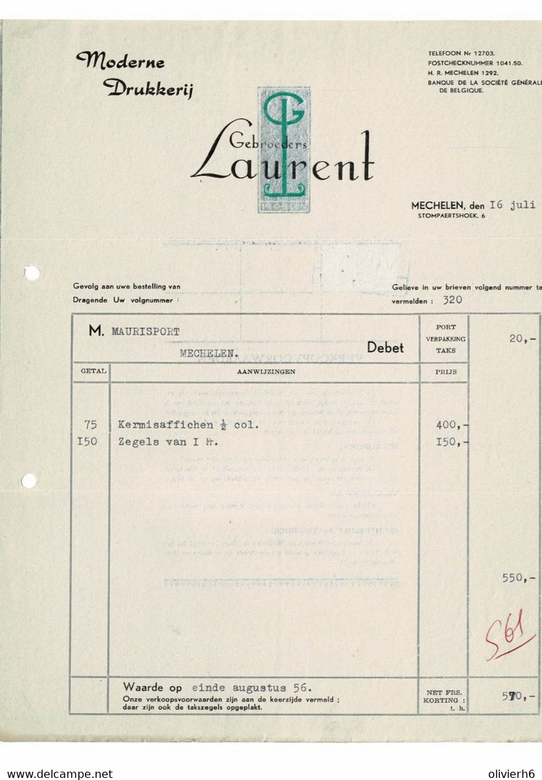 VP FACTURE BELGIQUE 1956 (V2030) DRUKKERIJ IMPRIMERIE (1 Vue) Gebroeders LAURENT MECHELEN STOMPAERTSHOEK, 6 - Imprimerie & Papeterie