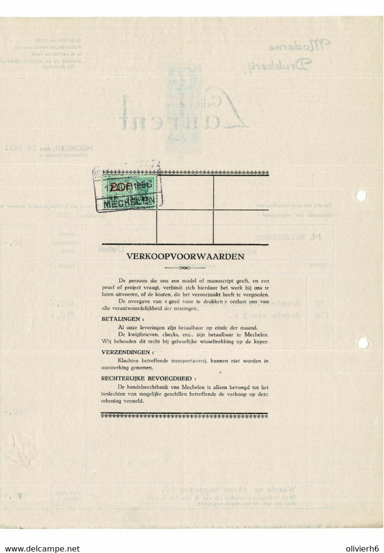 VP FACTURE BELGIQUE 1956 (V2030) DRUKKERIJ IMPRIMERIE (1 Vue) Gebroeders LAURENT MECHELEN STOMPAERTSHOEK, 6 - Druck & Papierwaren