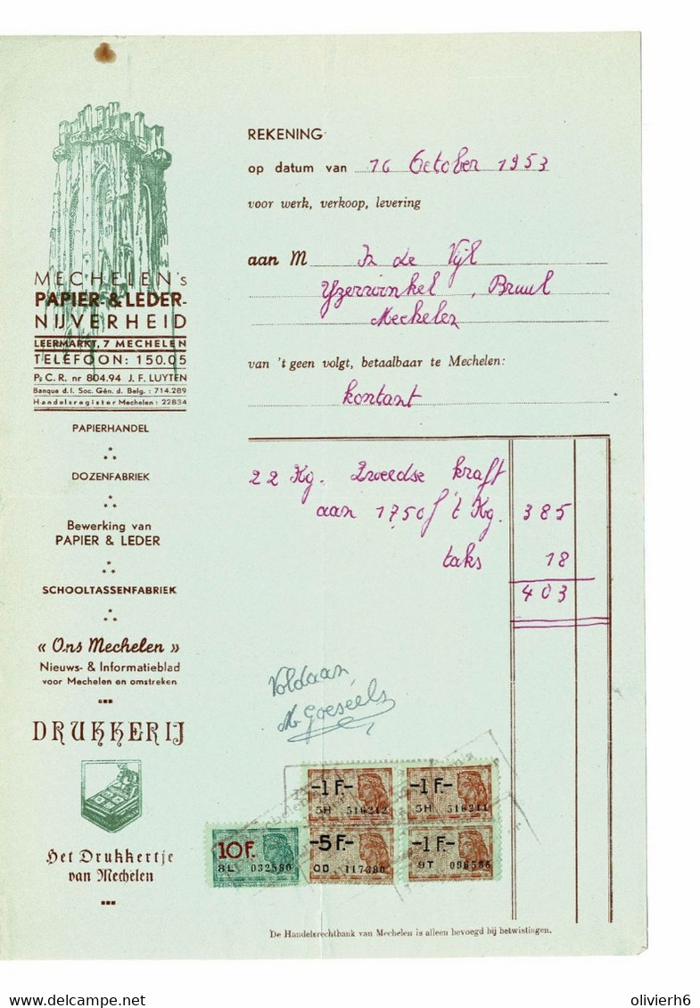 VP FACTURE BELGIQUE 1956 (V2030) DRUKKERIJ IMPRIMERIE (1 Vue) Mechelen's Papier & Ledernijverheid MECHELEN Leermarkt, 7 - Imprenta & Papelería