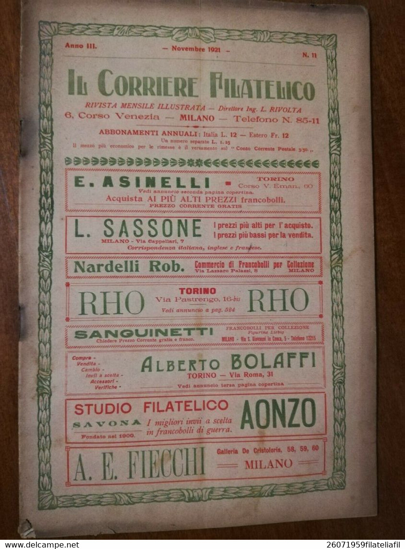 IL CORRIERE FILATELICO ANNO III NOVEMBRE 1921 N. 11 RIVISTA MENSILE ILLUSTRATA - Italiaans