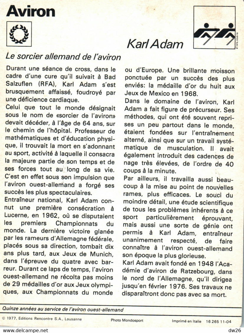 Fiche Sports: Aviron - Karl Adam (Entraineur, Le Sorcier Allemand) - Editions Rencontre 1977 - Sport