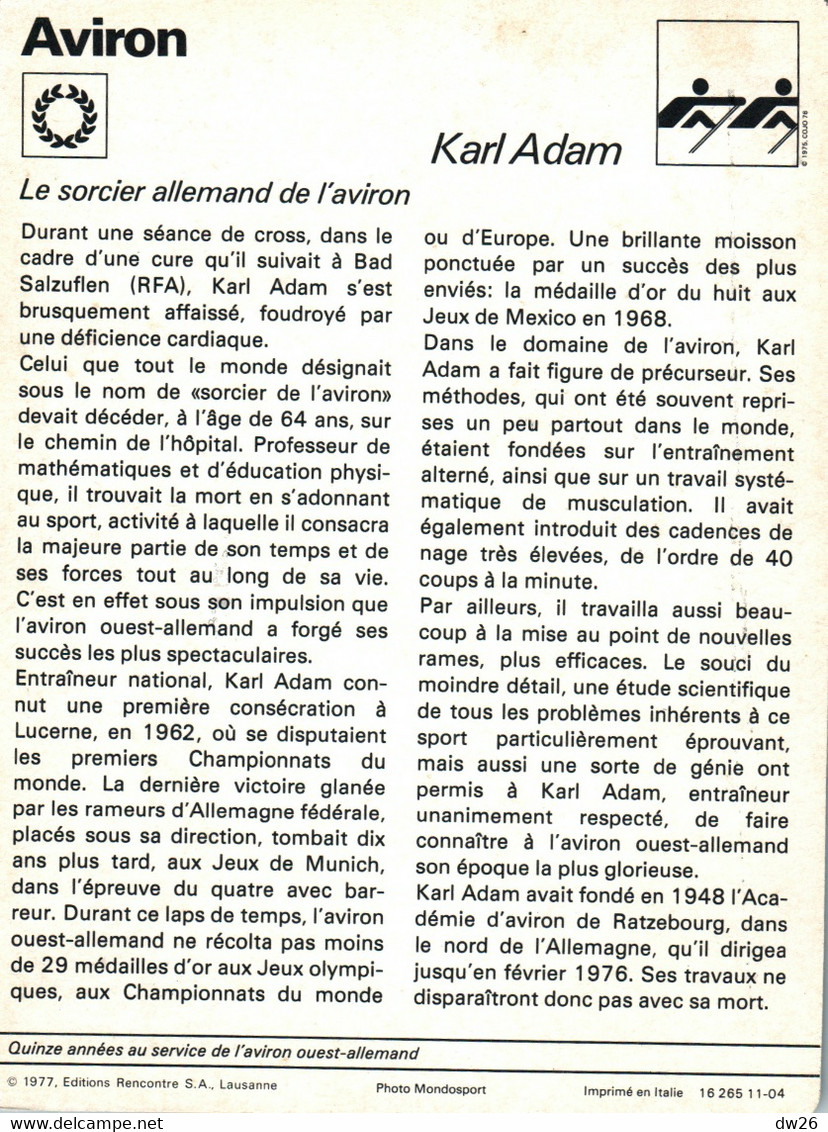 Fiche Sports: Aviron - Karl Adam (Entraineur, Le Sorcier Allemand) - Editions Rencontre 1977 - Sports