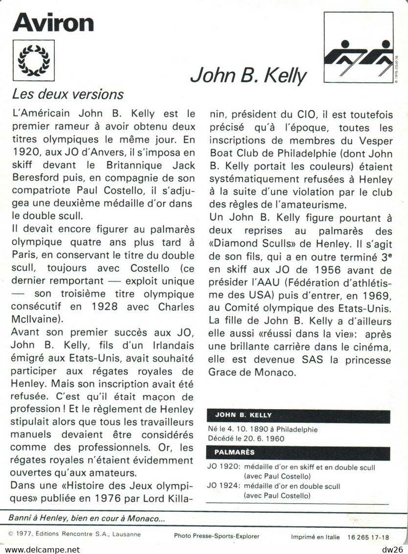 Fiche Sports: Aviron, Double Scull Et Skiff - John B. Kelly, Champion Olympique 1920 Et 1924 - Deportes