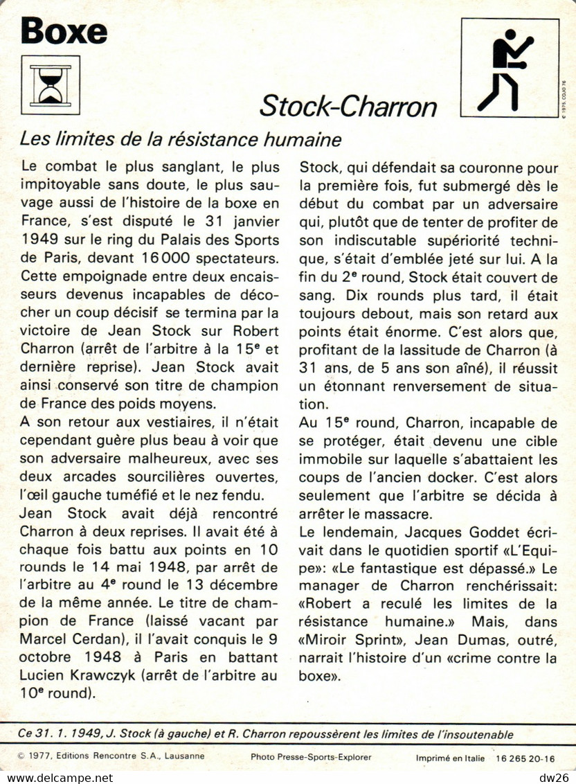Fiche Sports: Boxe - Combat J. Stock Et R. Charron En 1949 Au Palais Des Sports - Les Limites De La Résistance Humaine - Deportes