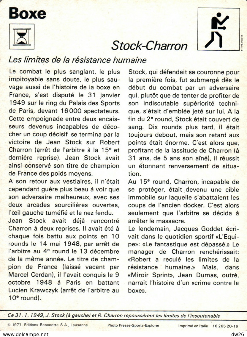 Fiche Sports: Boxe - Combat J. Stock Et R. Charron En 1949 Au Palais Des Sports - Les Limites De La Résistance Humaine - Sport