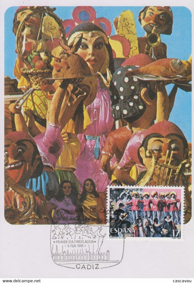 Carte  Maximum  1er  Jour   ESPAGNE    Carnaval  De  CADIX   1986 - Carnevale