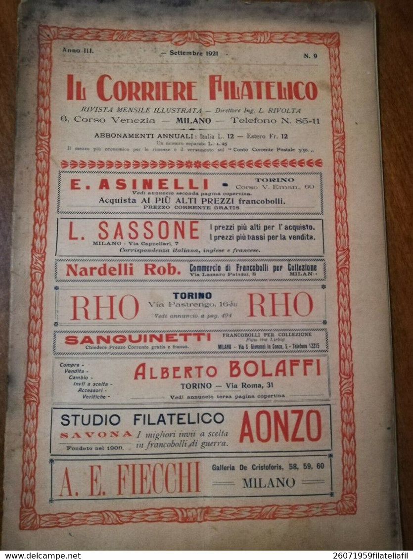 IL CORRIERE FILATELICO ANNO III SETTEMBRE 1921 N. 9 RIVISTA MENSILE ILLUSTRATA - Italien