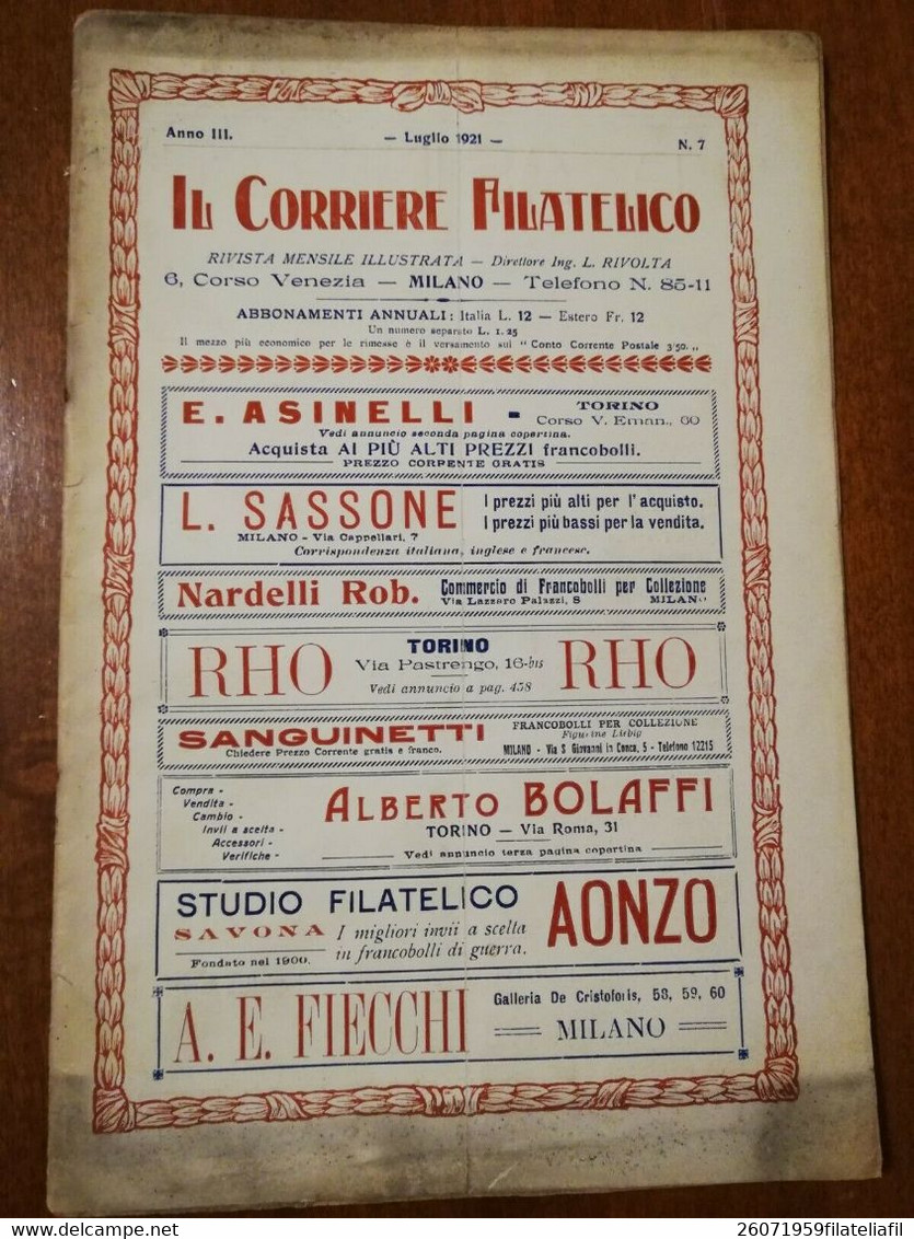 IL CORRIERE FILATELICO ANNO III LUGLIO 1921 N. 7 RIVISTA MENSILE ILLUSTRATA - Italien