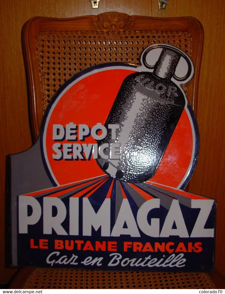 PLAQUE PUBLICITAIRE émaillée  PRIMAGAZ  LILOR(recto- Verso ) Rare Et Comme Neuve  (descriptif) - Plaques émaillées (après 1960)