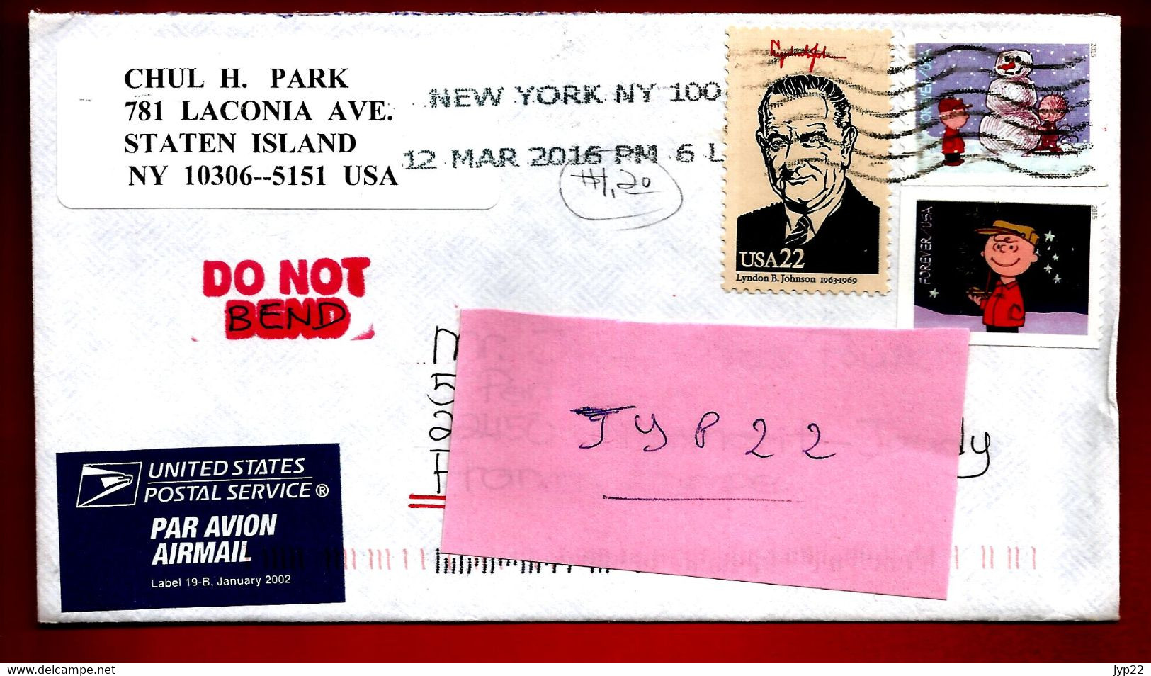 Enveloppe Etats Unis USA New York 12-03-2016 Tp Lyndon Johnson + Bonhomme De Neige + Autre - Other & Unclassified