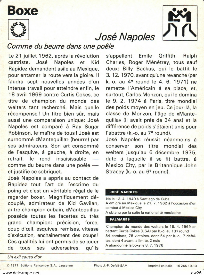 Fiche Sports: Boxe - José Napoles (Boxeur Cubain, Champion Du Monde Des Welters 1969) - Sports