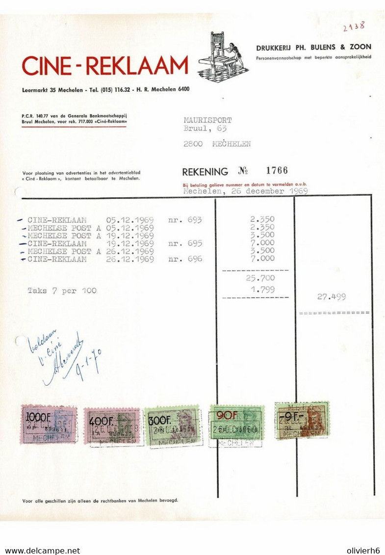 VP FACTURE BELGIQUE 1969 (V2030) DRUKKERIJ IMPRIMERIE (1 Vue) CINE REKLAAM - MECHELEN Leermarkt, 35 - Drukkerij & Papieren