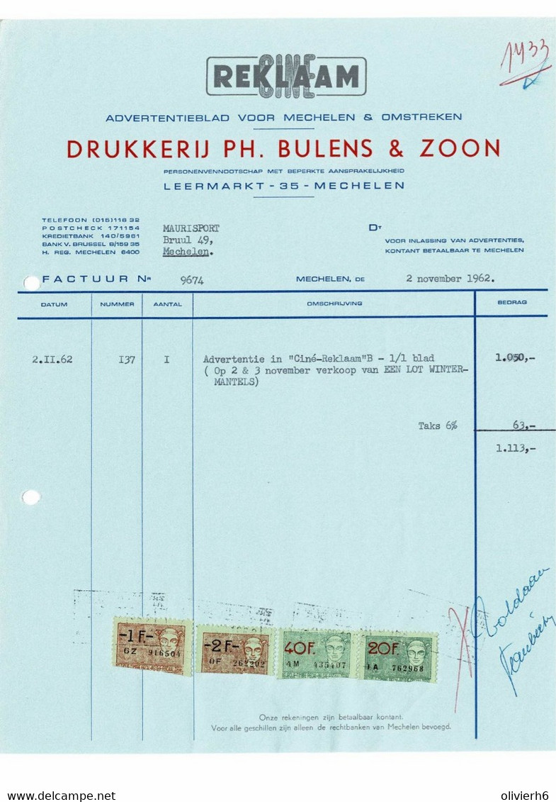 VP FACTURE BELGIQUE 1962 (V2030) DRUKKERIJ IMPRIMERIE (1 Vue) CINE REKLAAM Ph BULENS - MECHELEN Leermarkt, 35 - Imprimerie & Papeterie