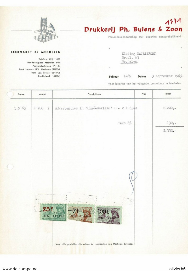 VP FACTURE BELGIQUE 1965 (V2030) DRUKKERIJ IMPRIMERIE (1 Vue) Ph BULENS & ZOON - MECHELEN Leermarkt, 35 - Imprimerie & Papeterie