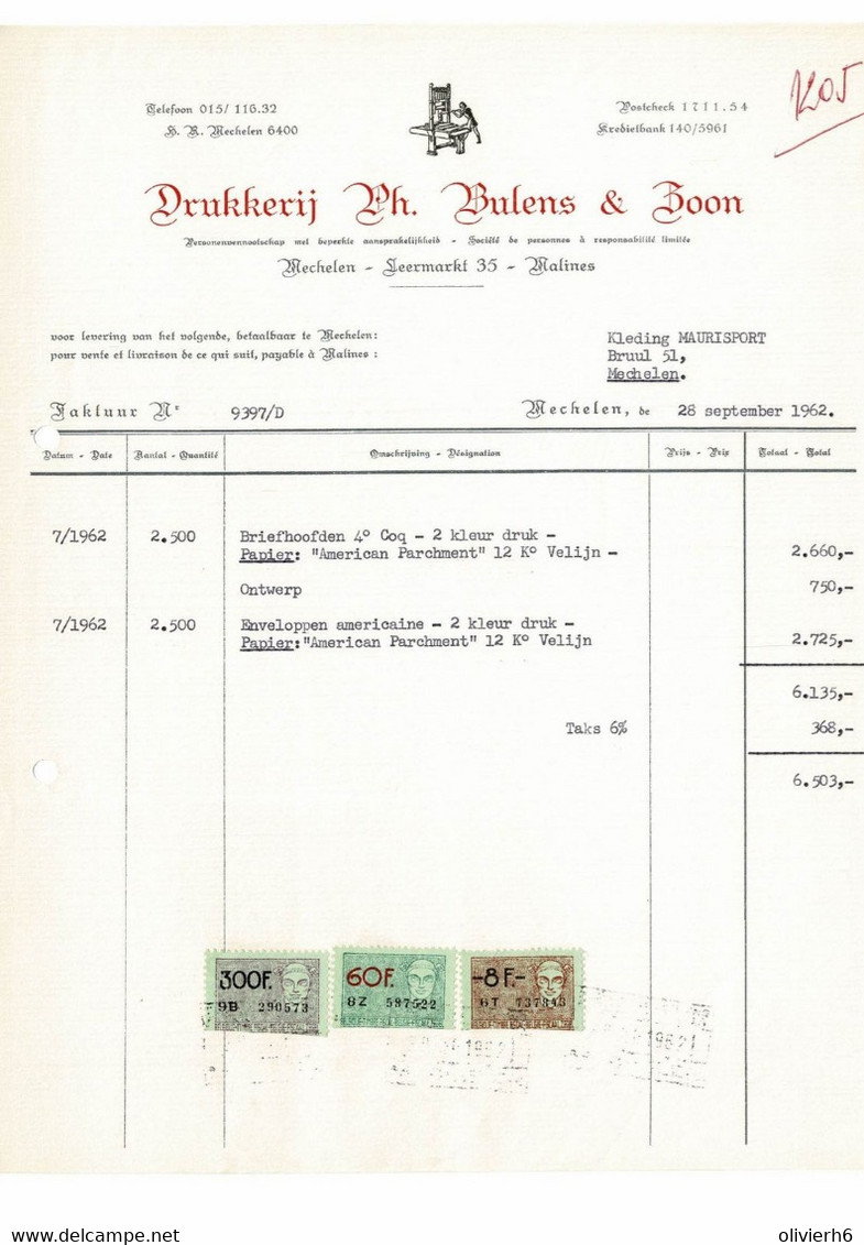 VP FACTURE BELGIQUE 1962 (V2030) DRUKKERIJ IMPRIMERIE (1 Vue) Ph BULENS & ZOON - MECHELEN Leermarkt, 35 - Druck & Papierwaren