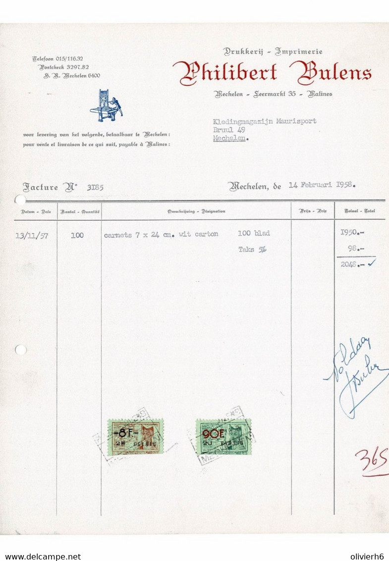 VP FACTURE BELGIQUE 1958 (V2030) DRUKKERIJ IMPRIMERIE (1 Vue) Philibert BULENS - MECHELEN Leermarkt, 35 - Drukkerij & Papieren