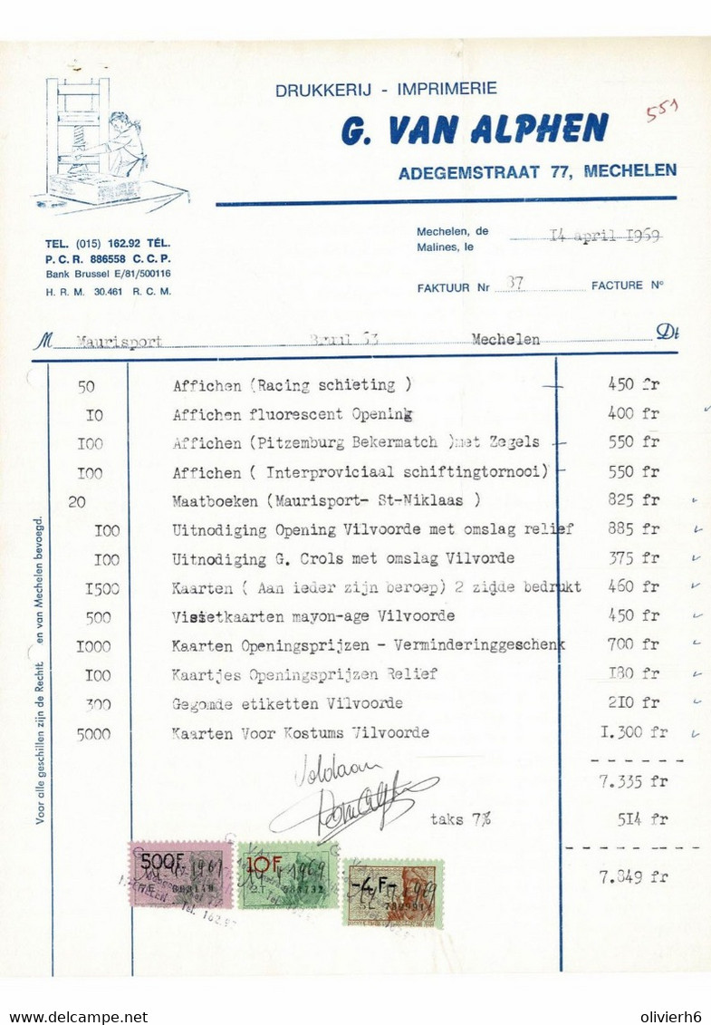 VP FACTURE BELGIQUE 1969 (V2030) DRUKKERIJ IMPRIMERIE (1 Vue) G VAN ALPHEN - MECHELEN Adegemstraat, 77 - Druck & Papierwaren