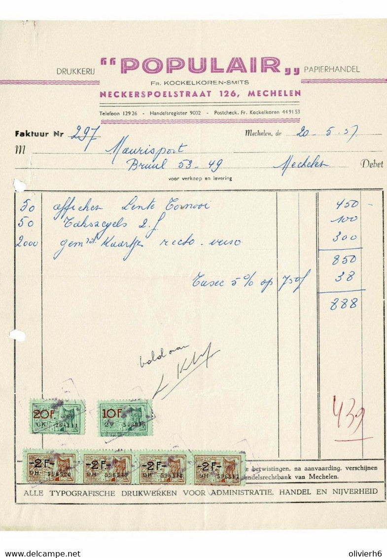 VP FACTURE BELGIQUE 1957 (V2030) DRUKKERIJ IMPRIMERIE (1 Vue) POPULAIR Kockelkoren-smits MECHELEN Neckerspoelstraat, 126 - Imprenta & Papelería