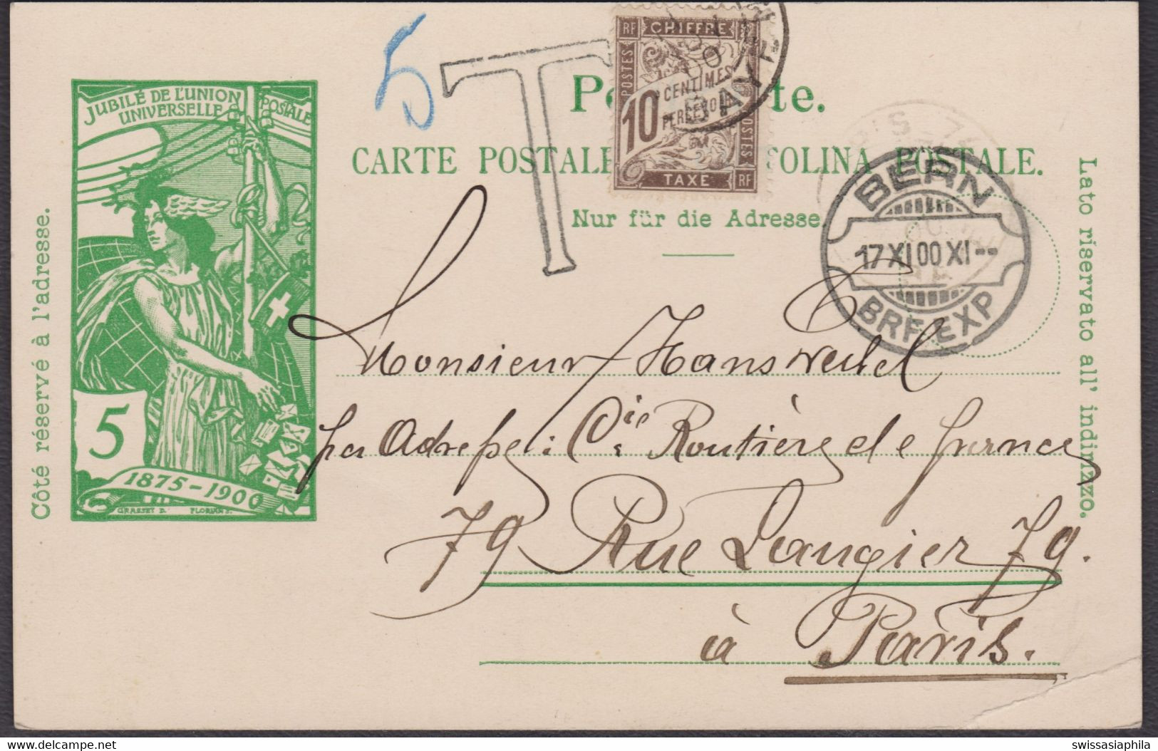 UPU  POSTKARTE - TAXIERT / BERN - PARIS / RASIERKLINGENSTEMPEL 17.XI.00 - Stamped Stationery