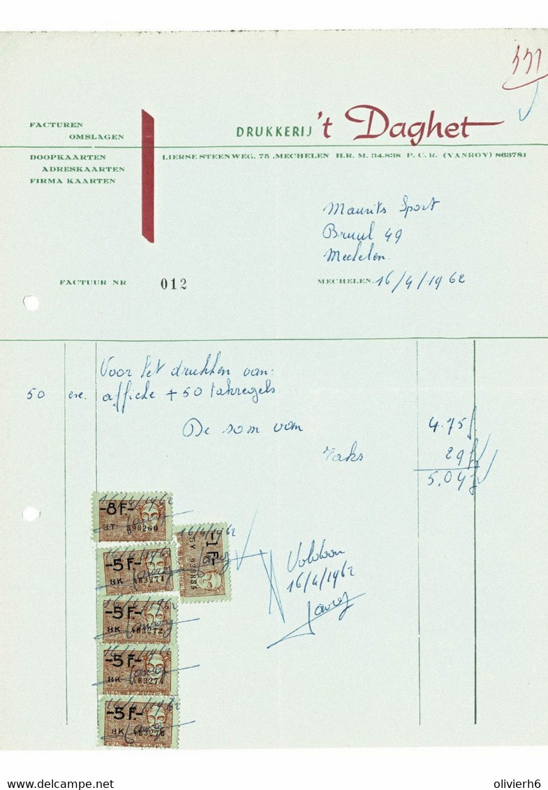 VP FACTURE BELGIQUE 1962 (V2030) DRUKKERIJ IMPRIMERIE (1 Vue) 'T DAGHET -  MECHELEN Lierse Steenweg, 75 - Drukkerij & Papieren