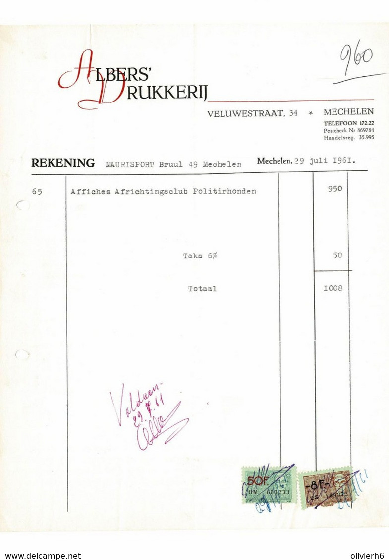 VP FACTURE BELGIQUE 1961 (V2030) DRUKKERIJ IMPRIMERIE (1 Vue) ALBERS -  MECHELEN Veluwestraat, 34 - Imprimerie & Papeterie