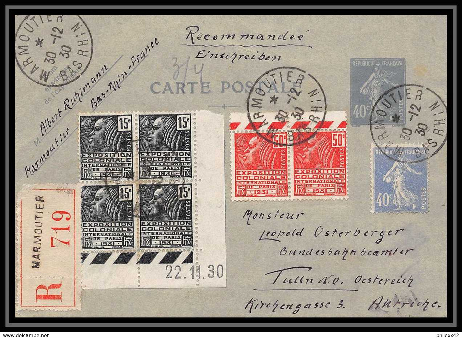 4813 Semeuse 40c Complement Affranchissement Composé Coin Daté 1930 Marmoutier Autriche Austria Carte Entier Stationery - Standard Postcards & Stamped On Demand (before 1995)