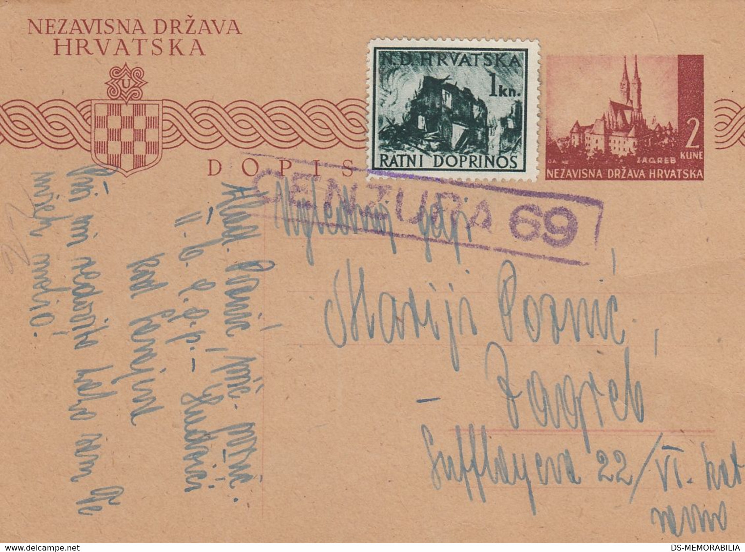 1944 Croatia NDH Stationery Sent From Hadzici To Zagreb , Censored , Censure 69 - Croatia