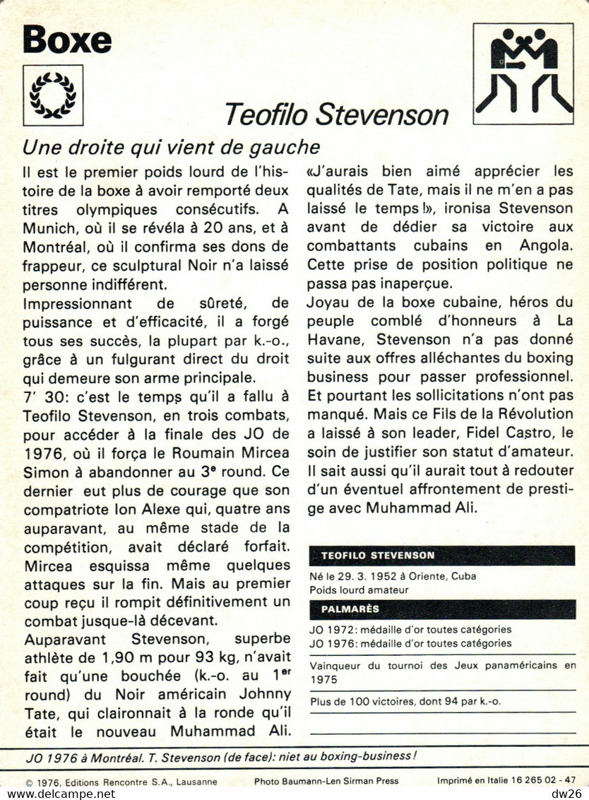 Fiche Sports: Boxe - Teofilo Stevenson (Boxeur Cubain Poids Lourd, Double Champion Olympique 1972 1976) - Sports