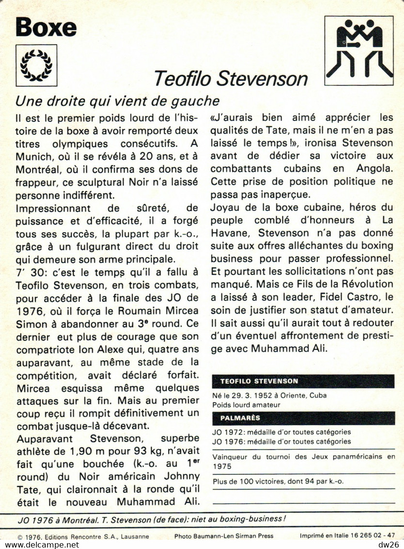 Fiche Sports: Boxe - Teofilo Stevenson (Boxeur Cubain Poids Lourd, Double Champion Olympique 1972 1976) - Sport