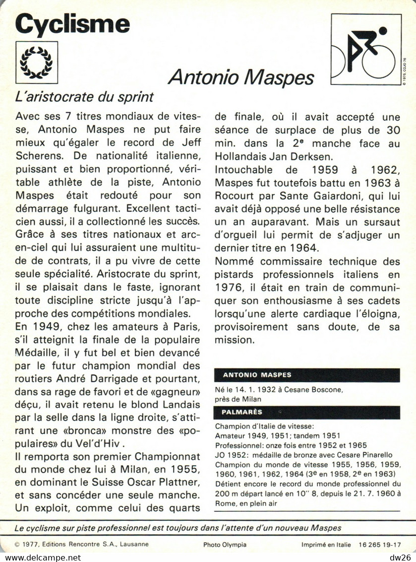 Fiche Sports: Cyclisme, Vitesse - Antonio Maspes, L'Aristocrate Du Sprint, Champion Et Recordman Du Monde 200 M Lancé - Sport