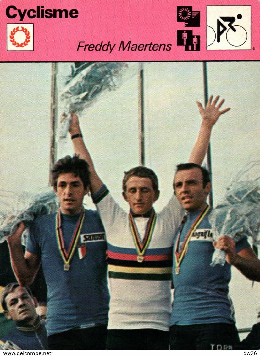 Fiche Sports: Cyclisme - Freddy Maertens, Champion Du Monde 1976 (avec Francesco Moser Et Tino Conti) - Deportes