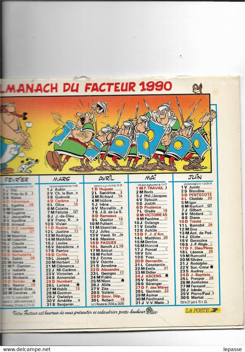 CALENDRIER ALMANACH DES  POSTES  ET TELEGRAPHES ANNEE 1990 ASTERIX OBELIX RECTO VERSO - Tamaño Grande : 1981-90