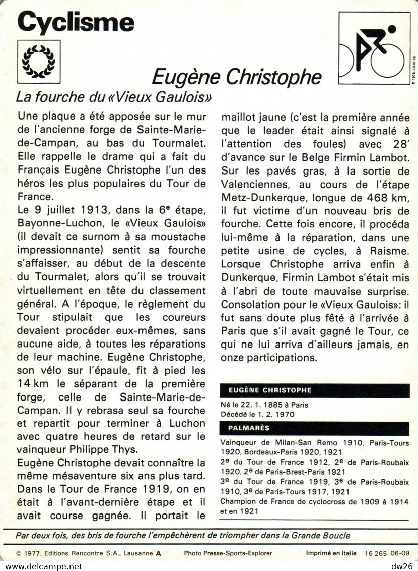 Fiche Sports: Cyclisme - Eugène Christophe, 2ème Du Tour De France 1912 (la Fourche Du Vieux Gaulois) - Sport