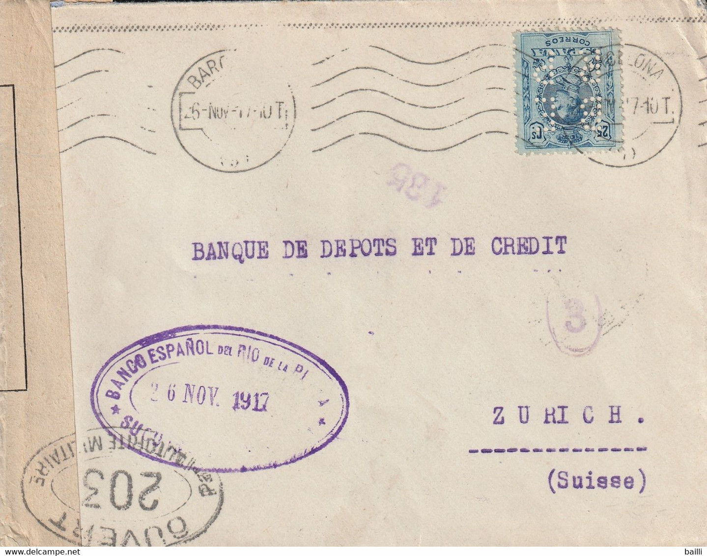 Espagne Timbre Perforé Sur Lettre Censurée Barcelona Pour La Suisse 1917 - Covers & Documents