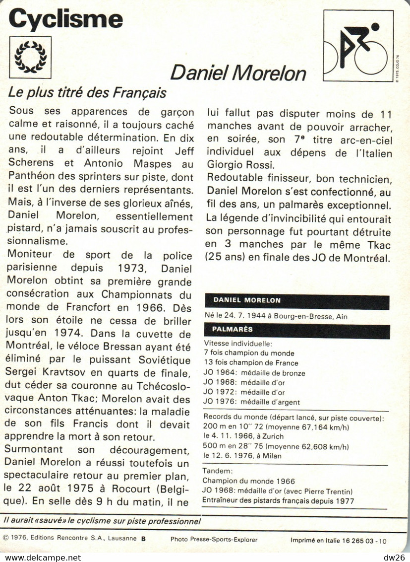 Fiche Sports: Cyclisme Sur Piste - Daniel Morelon Double Champion Olympique 1968 1972, Recordman Du Monde - Sport