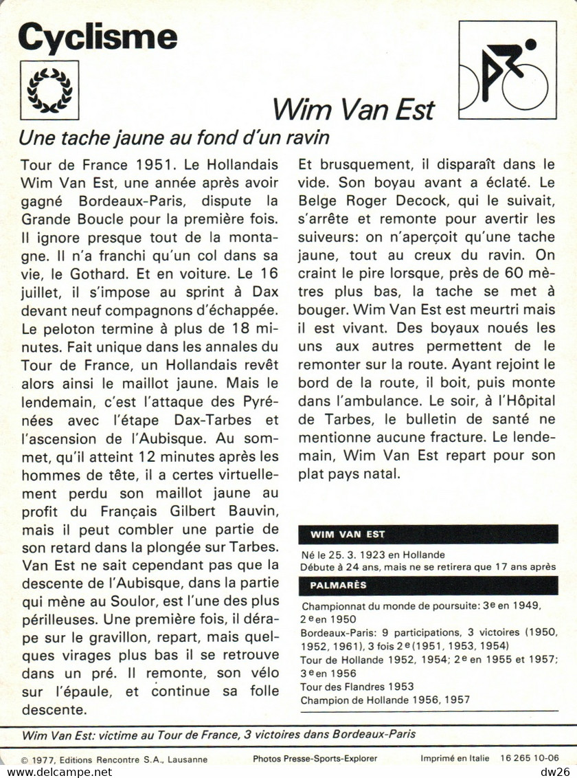Fiche Sports: Cyclisme - Wim Van Est (Champion Du Monde De Poursuite) 3 Victoires Dans Bordeaux Paris - Sports