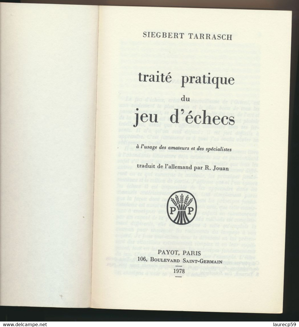 Livre Traité Pratique Du Jeu D'échecs - S. TARASCH - édition 1978 - Palour Games