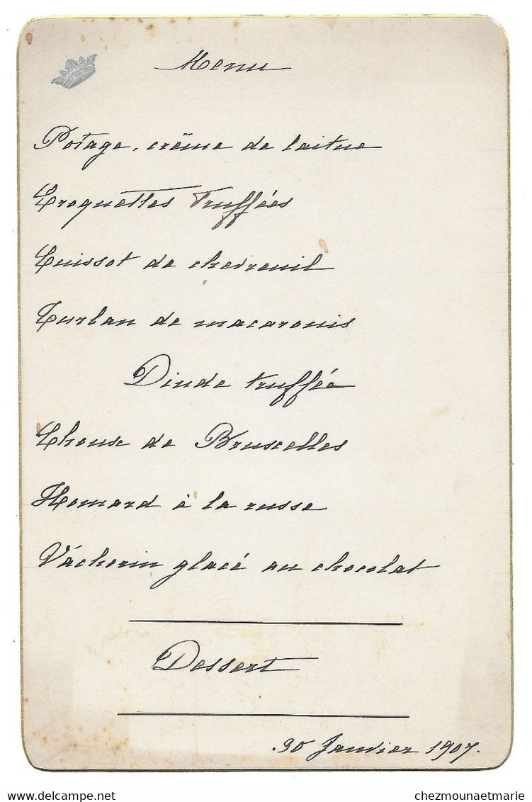 BARON D ALEXANDRY - MENU DU 30 JANVIER 1907 A ENTETE COURONNEE - Menus