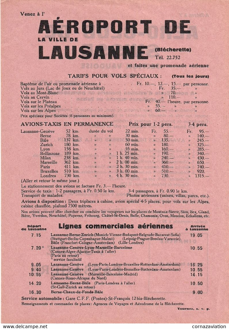 Aviation -  Tarif - Lausanne-Blécherette - Rarissime - Horarios